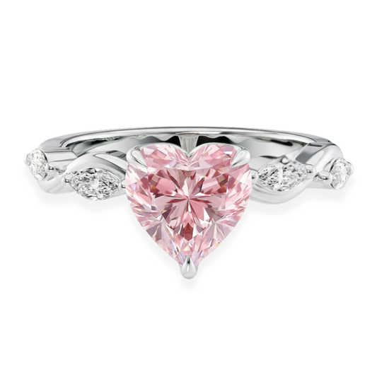 Marquise Accents Pink Heart Lab Diamond Ring in White Gold 18K