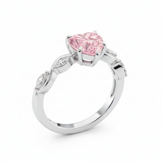 Marquise Accents Pink Heart Lab Diamond Ring in White Gold 18K