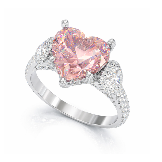 Trilogy Pave Fancy Pink Heart Lab Diamond Ring (Heart Side Diamonds) in White Gold 18K