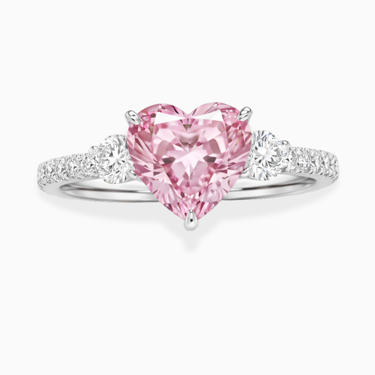 Trilogy Fancy Pink Heart Lab Diamond Ring (Round Side Diamonds) on Pave Band in White Gold 18K