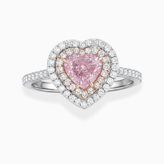 Double Halo Pave Pink Heart Lab Diamond Ring in White and Rose Gold 18K