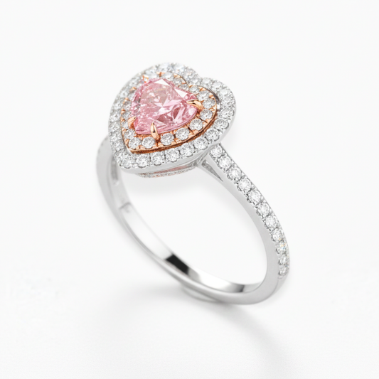 Double Halo Pave Pink Heart Lab Diamond Ring in White and Rose Gold 18K