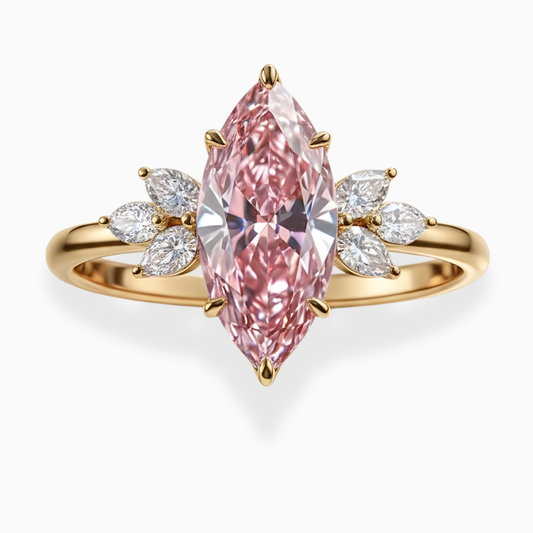 Maryline Accents Fancy Pink Marquise Lab Diamond Ring (Pear & Marquise Side Diamonds) in Yellow Gold 18K