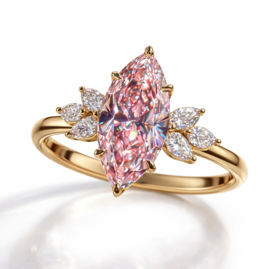 Maryline Accents Fancy Pink Marquise Lab Diamond Ring (Pear & Marquise Side Diamonds) in Yellow Gold 18K