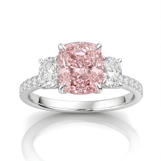 Trilogy Pave Fancy Pink Cushion (Oval Sides) Lab Diamond Ring in White Gold 18K