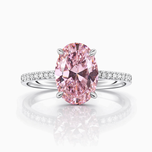 Pave Fancy Pink Oval Lab Diamond Ring in White Gold 18K