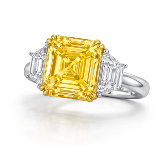 Trilogy Fancy Yellow Asscher (Trapezoid Side Diamonds) Lab Diamond Ring in White Gold 18K