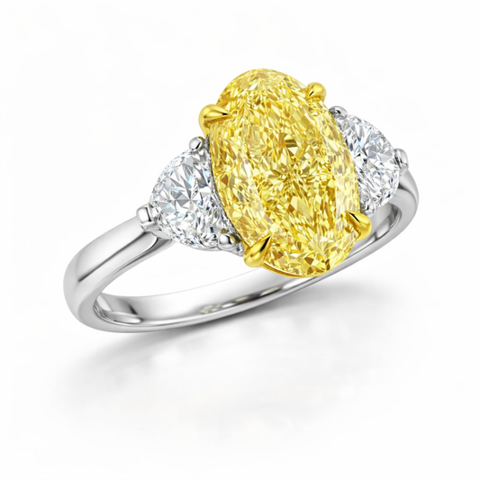 Trilogy Fancy Yellow Oval (Half-Moon Side Diamonds) Lab Diamond Ring in White Gold 18K
