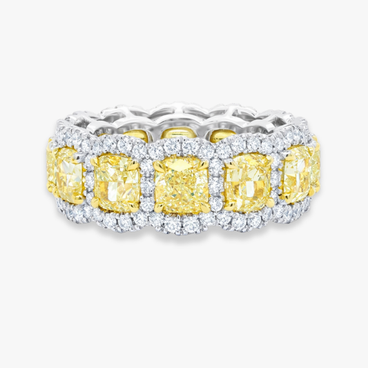 Fancy Yellow Halo Cushion Lab Grown Diamond Eternity Band Ring in 18K White Gold