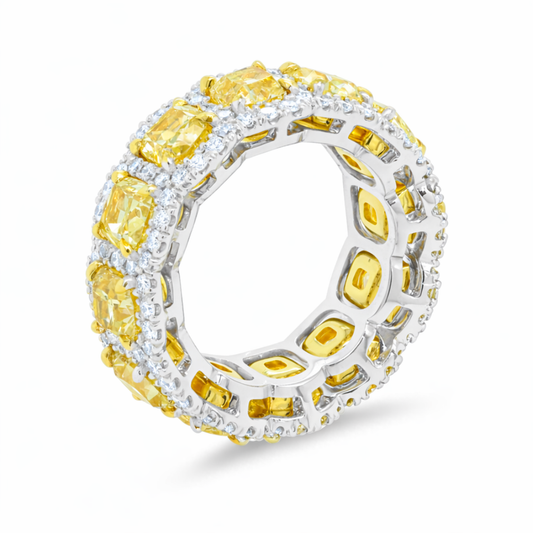 Fancy Yellow Halo Cushion Lab Grown Diamond Eternity Band Ring in 18K White Gold