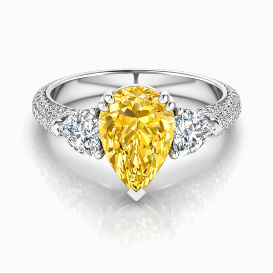 Trilogy Fancy Yellow Pear (Heart Side Diamonds) Lab Diamond Ring on a 3-sided Pave in White Gold 18K