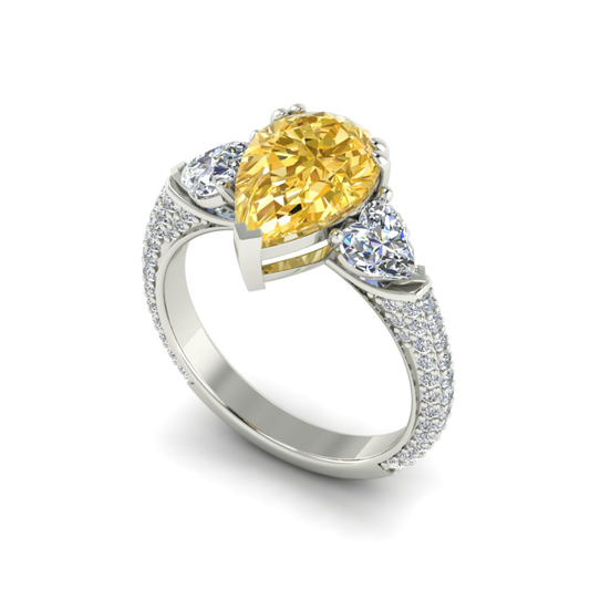 Trilogy Fancy Yellow Pear (Heart Side Diamonds) Lab Diamond Ring on a 3-sided Pave in White Gold 18K