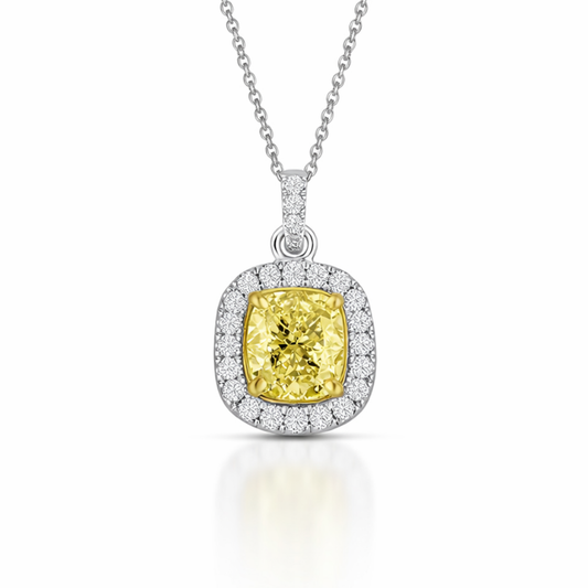 Halo Yellow Cushion Pendant Lab Diamond ( 2 ct. tw. ) Necklace 18K Gold