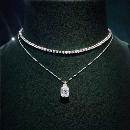9 Carat Stack: Tennis Chocker (6 ct.) 14 in. and Pear Pendant (3 ct. ) Lab Diamond Necklace in 18K White Gold
