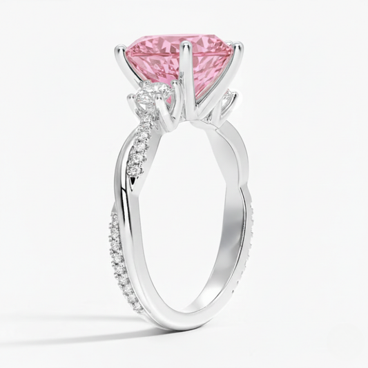 Trilogy Fancy Pink Heart Lab Diamond Ring (Round Side Diamonds) on Twisted Band in White Gold 18K