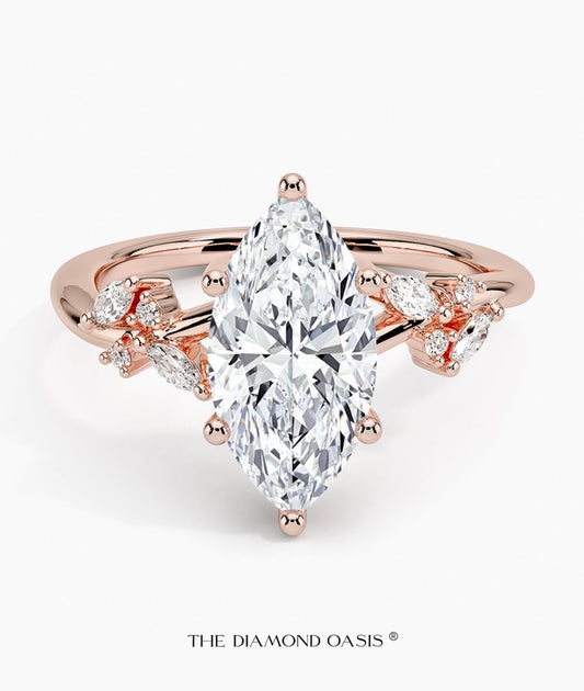 1.5 carat marquise IGI certified lab diamond VS1 F + 0.4 carat side diamond. Gold 18karat band