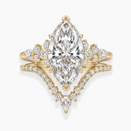 Katie Marquise Lab Diamond Bridal Ring Set - Marquise Pave 3 ct + V-shaped Band Yellow Gold 18K