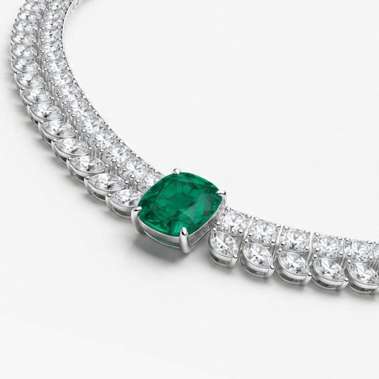 Florence High Jewellery Lab Diamond (23 Carat) and Emerald Necklace (16 in.) 18K White Gold