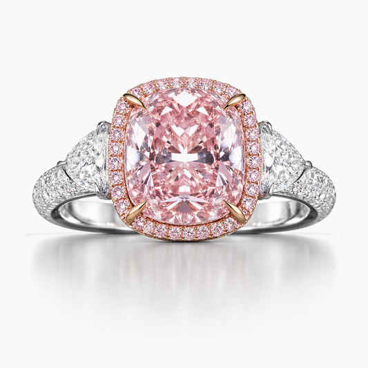 Stephania Trilogy Halo 3-sided Pave Fancy Pink Cushion Lab Diamond Ring in White Gold 18K