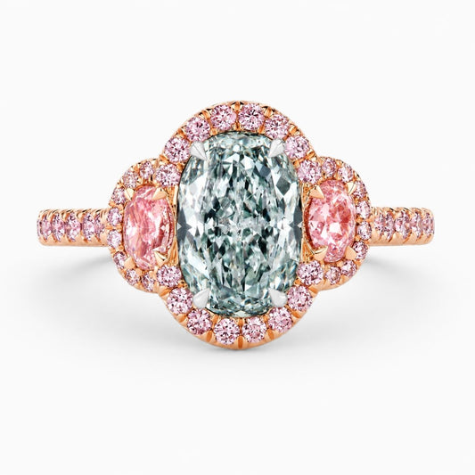 Athena Trilogy Halo Pave Accents (Pink Oval Side Diamonds) Fancy Green Oval Lab Diamond Ring in Rose Gold 18K