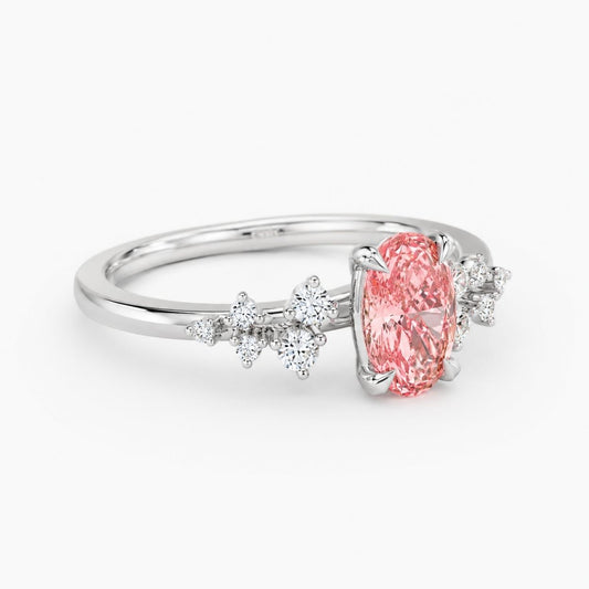 Gaia Accents (Round Side Diamonds) Fancy Pink Oval Lab Diamond Ring in White Gold 18K