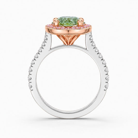Halo Pave (Pink & White Side Diamonds) Fancy Green Pear Lab Grown Diamond Ring in White Gold 18K
