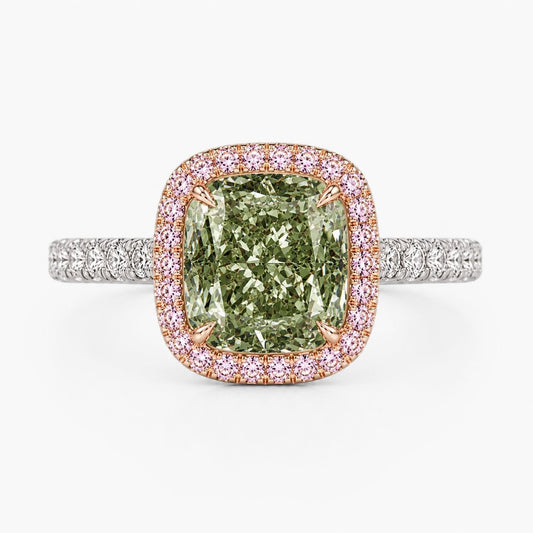 Halo Pave Fancy Green Cushion Lab Grown Diamond Ring in White Gold 18K