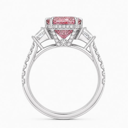 Ingrid Trilogy (Trapezoid Side Diamonds) Fancy Pink Oval Lab Grown Diamond Engagement Ring in White Gold 18K