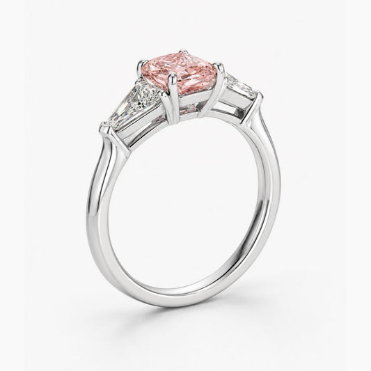 Trilogy (Baguette Side Diamonds) Fancy Pink Cushion Lab Grown Diamond Engagement Ring in White Gold 18K