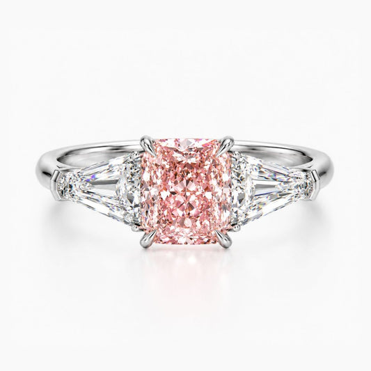 Trilogy (Baguette Side Diamonds) Fancy Pink Cushion Lab Grown Diamond Engagement Ring in White Gold 18K