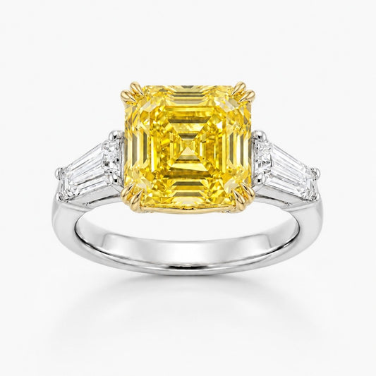 Trilogy (Baguette Side Diamonds) Fancy Yellow Asscher Lab Grown Diamond Ring in White Gold 18K