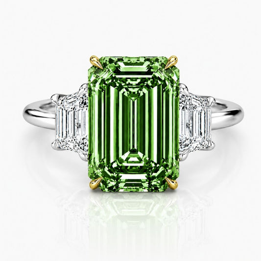 Trilogy Fancy Green Emerald (Trapezoid Side Diamonds) Lab Grown Diamond Engagement Ring in White Gold 18K