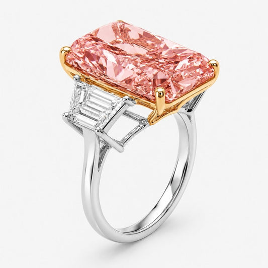 Trilogy (Trapezoid Side Diamonds) Fancy Pink Radiant Lab Grown Diamond Engagement Ring in White Gold 18K