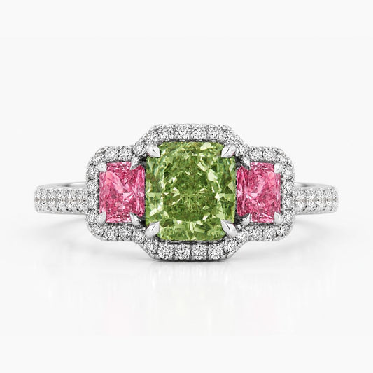 Artemis Halo Pave Accents (White and Pink Radiant Side Diamonds) Fancy Green Cushion Lab Diamond Ring in White Gold 18K