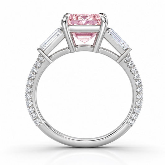 Phoebe Trilogy Fancy Pink Emerald (Baguette Side Diamonds) Lab Diamond Ring in White Gold 18K