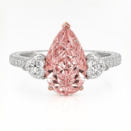Agness Trilogy Fancy Pink Pear (Heart Side Diamonds) Lab Diamond Ring on a 3-sided Pave in White Gold 18K
