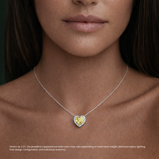 6 Carat Fancy Yellow Halo Heart Lab-Grown Diamond Jewelry Set (Necklace & Earrings) in 18K White Gold