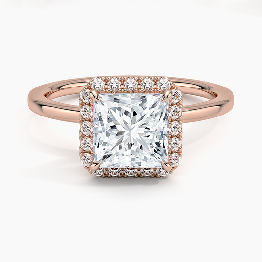 Princess cut diamond halo engagement ring in rose gold with pavé band