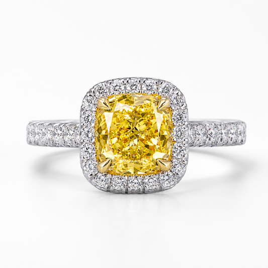 Halo Pave Fancy Yellow Cushion Lab Grown Diamond Ring in White Gold 18K