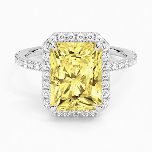 Halo Pave Fancy Yellow Radiant Lab Diamond Ring in White Gold 18K