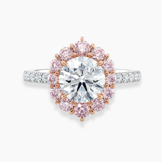 Fancy Pink Vintage Halo Round Lab Diamond Ring in White and Rose Gold 18K