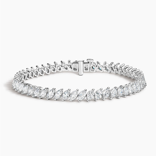 White gold tennis bracelet with marquise-cut lab-grown diamonds on white background