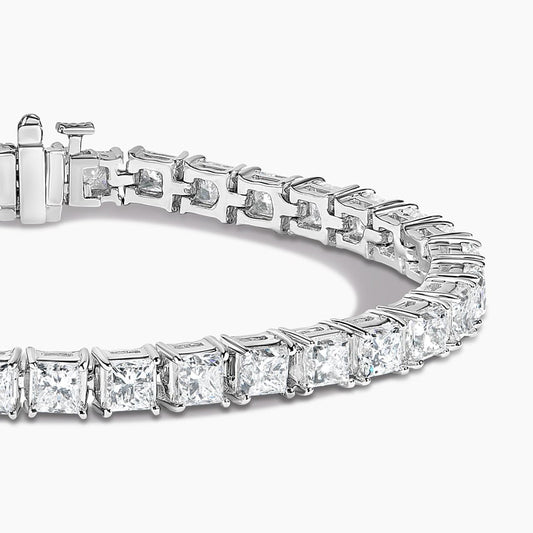 Princess cut lab-grown diamond tennis bracelet in white gold on white background