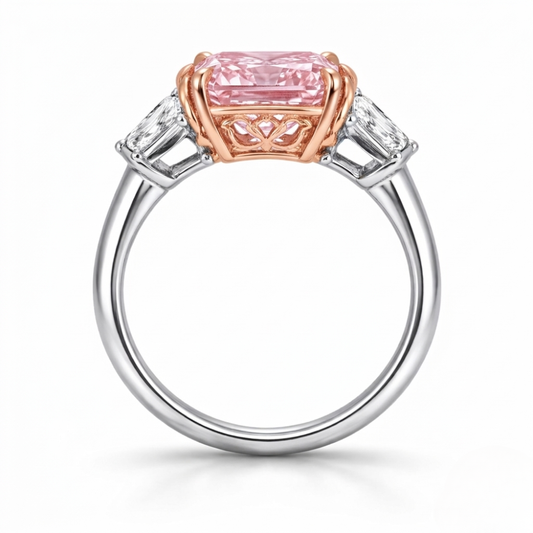 Trilogy Fancy Pink Asscher (Trapezoid Side Diamonds) Lab Diamond Ring in White Gold 18K