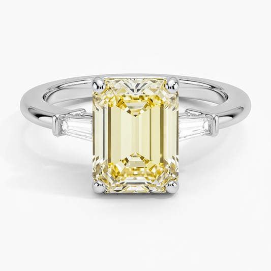 Trilogy Fancy Yellow Emerald (Baguette Side-Stones) Lab Diamond Ring in White Gold 18K