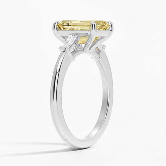 Trilogy Fancy Yellow Emerald (Baguette Side-Stones) Lab Diamond Ring in White Gold 18K