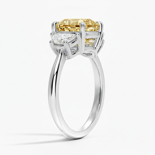 Trilogy Fancy Yellow Cushion (Half-Moon Sides-Stones) Lab Diamond Ring in White Gold 18K