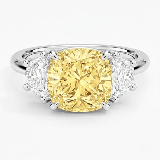 Trilogy Fancy Yellow Cushion (Half-Moon Sides-Stones) Lab Diamond Ring in White Gold 18K