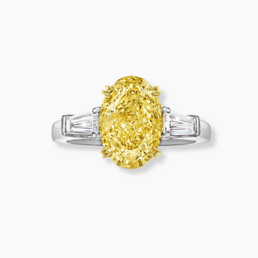 Trilogy (Baguette Side Diamonds) Fancy Yellow Oval Lab Grown Diamond Ring in White Gold 18K