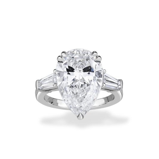 Trilogy Tapered Baguette Sides Lab Grown Diamond Engagement Ring in 18k Gold - Pear